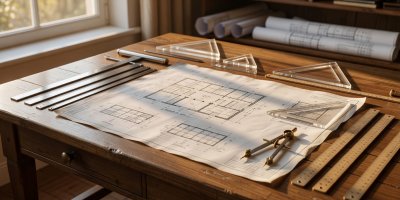 Drafting table with clean architectural layout tools and rulers