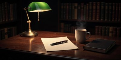 Quiet study setting with coffee cup and fountain pen on paper