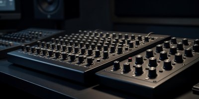 Dark studio workstation with precision rotary dials and mixer