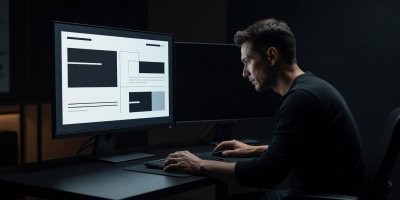 Designer aligning layout elements on high-contrast calibrated screen