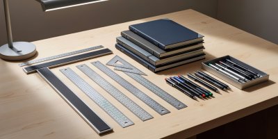 Technical desk with drafting rulers and structured notebooks