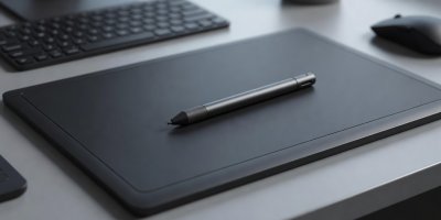 Digital drawing stylus resting on a matte surface tablet