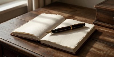 Fountain pen resting on open linen notebook beside wooden desk