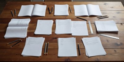 Overhead view of wooden table with project specification documents