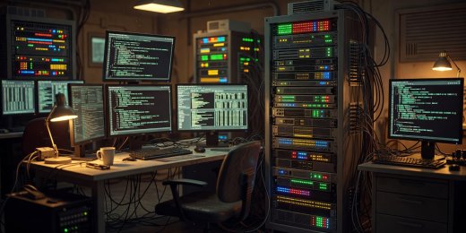 Warmly lit workstation with command line scripts running benchmarks