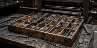 Typesetting letters in wood tray demonstrating editorial publishing history