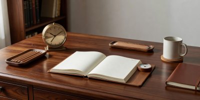 Organized workspace with wooden desk, analog desk clock, and task log